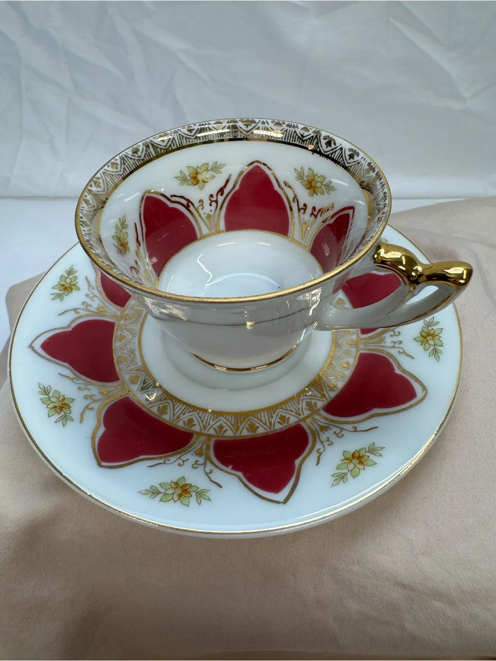 Vintage Red Gold Tea Cup and Saucer Geometric Floral, Ucagco Japan, Excellent